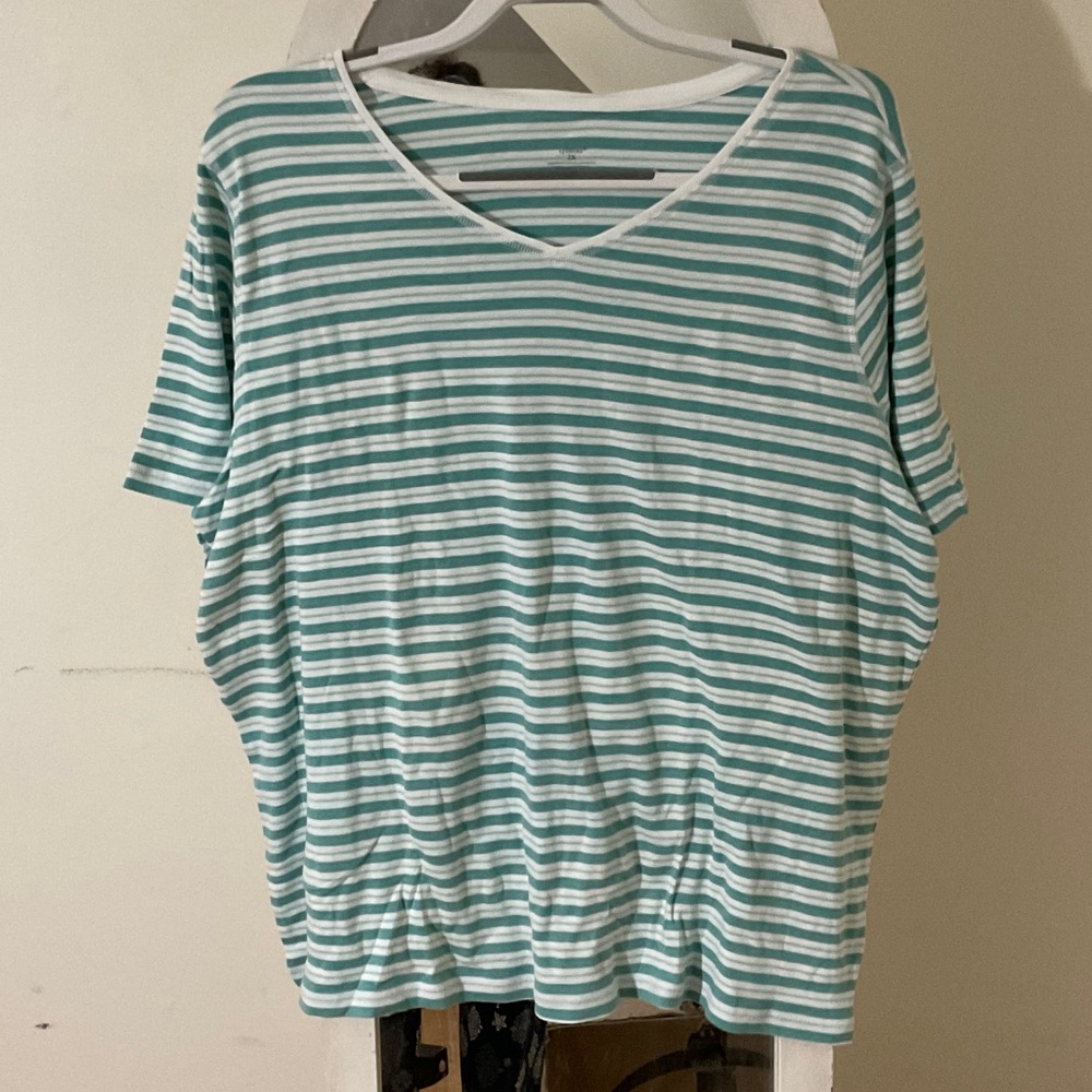 CJ Banks Aqua and White Striped V-Neck Top